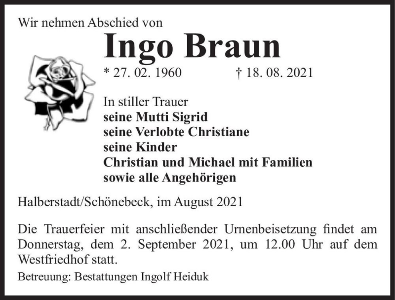  Traueranzeige für Ingo Braun  vom 21.08.2021 aus Magdeburger Volksstimme