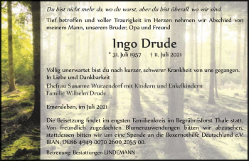 Traueranzeige von Ingo Drude  von Magdeburger Volksstimme