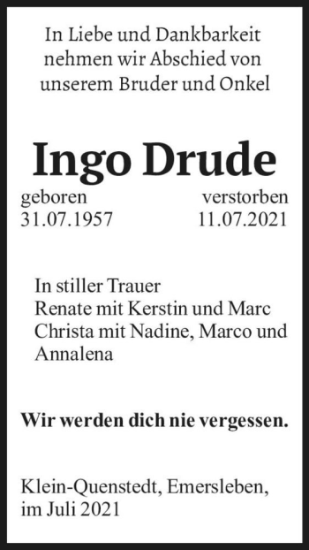 Traueranzeige von Ingo Drude  von Magdeburger Volksstimme