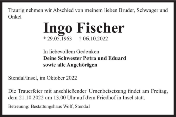 Traueranzeige von Ingo Fischer  von Magdeburger Volksstimme
