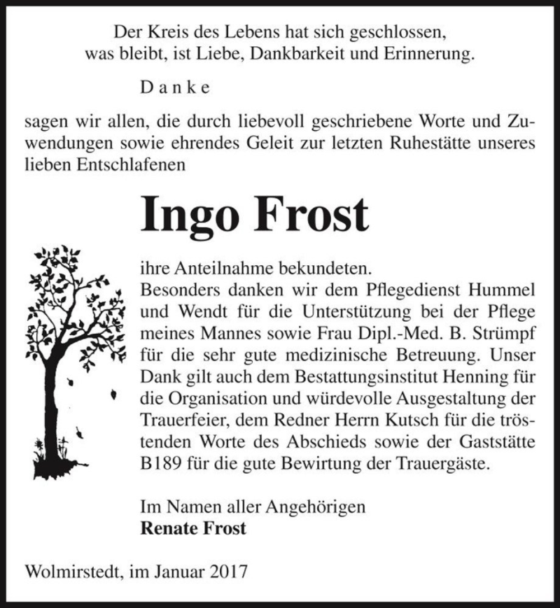  Traueranzeige für Ingo Frost  vom 28.01.2017 aus Magdeburger Volksstimme