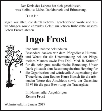Traueranzeige von Ingo Frost  von Magdeburger Volksstimme