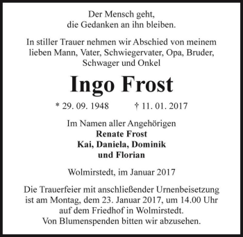 Traueranzeige von Ingo Frost  von Magdeburger Volksstimme