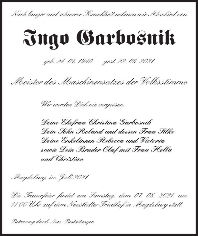  Traueranzeige für Ingo Garbosnik  vom 24.07.2021 aus Magdeburger Volksstimme