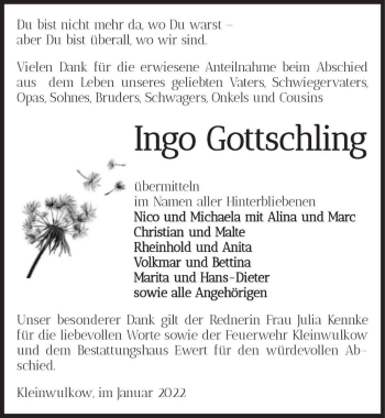 Traueranzeige von Ingo Gottschling  von Magdeburger Volksstimme
