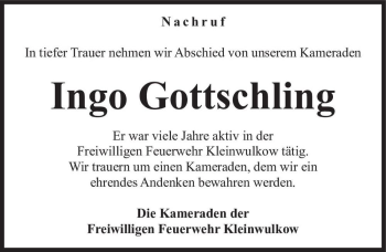 Traueranzeige von Ingo Gottschling  von Magdeburger Volksstimme