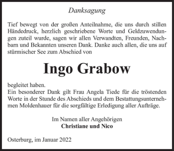 Traueranzeige von Ingo Grabow  von Magdeburger Volksstimme