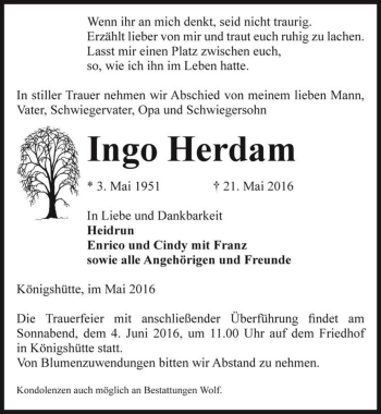 Traueranzeige von Ingo Herdam  von Magdeburger Volksstimme