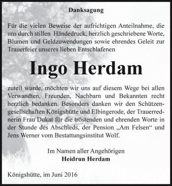 Traueranzeige von Ingo Herdam  von Magdeburger Volksstimme