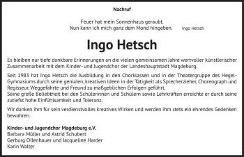 Traueranzeige von Ingo Hetsch  von Magdeburger Volksstimme