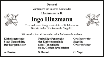 Traueranzeige von Ingo Hinzmann  von Magdeburger Volksstimme
