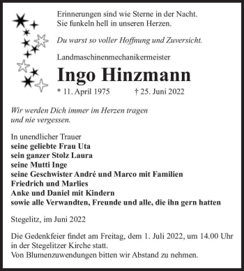 Traueranzeige von Ingo Hinzmann  von Magdeburger Volksstimme