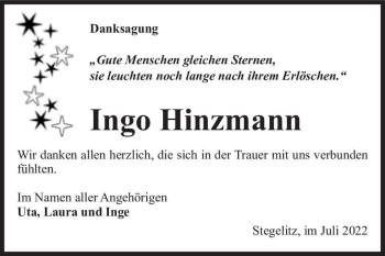 Traueranzeige von Ingo Hinzmann  von Magdeburger Volksstimme