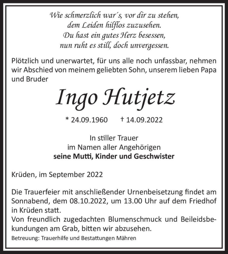  Traueranzeige für Ingo Hutjetz  vom 21.09.2022 aus Magdeburger Volksstimme