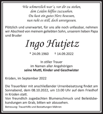 Traueranzeige von Ingo Hutjetz  von Magdeburger Volksstimme