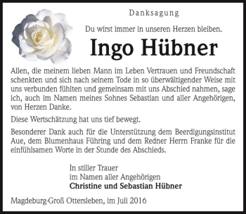 Traueranzeige von Ingo Hübner  von Magdeburger Volksstimme