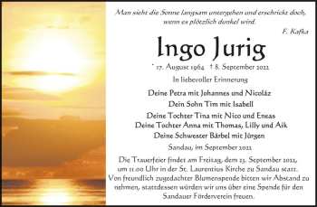 Traueranzeige von Ingo Jurig  von Magdeburger Volksstimme