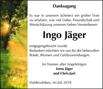 Traueranzeige von Ingo Jäger  von Magdeburger Volksstimme