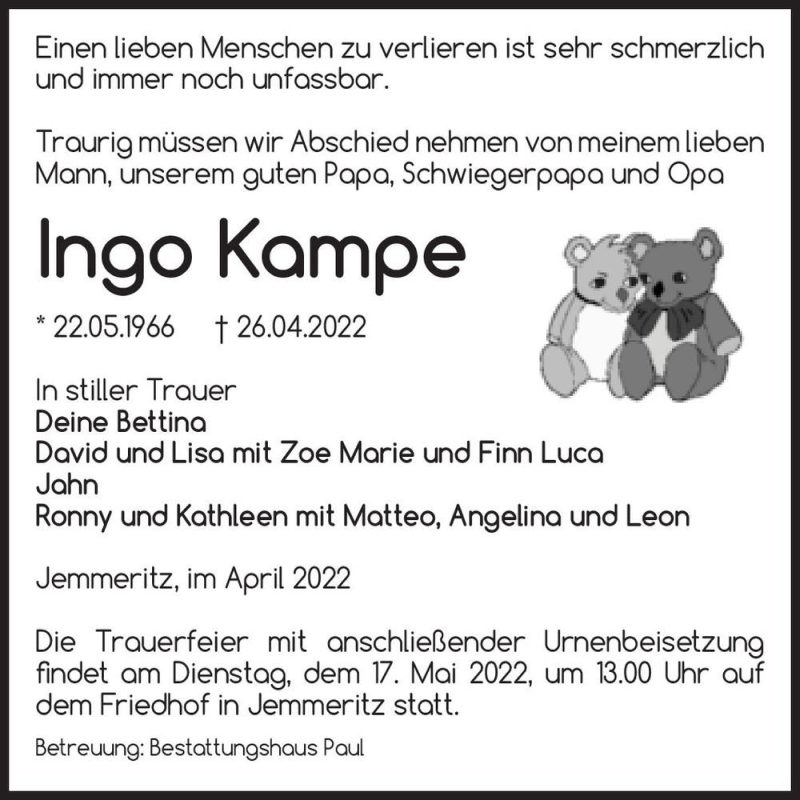  Traueranzeige für Ingo Kampe  vom 29.04.2022 aus Magdeburger Volksstimme