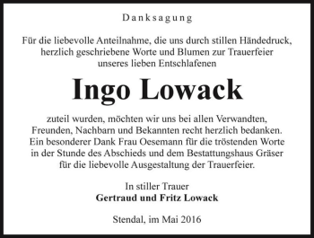 Traueranzeige von Ingo Lowack  von Magdeburger Volksstimme