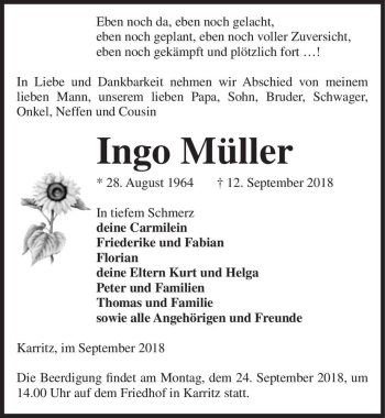 Traueranzeige von Ingo Müller  von Magdeburger Volksstimme