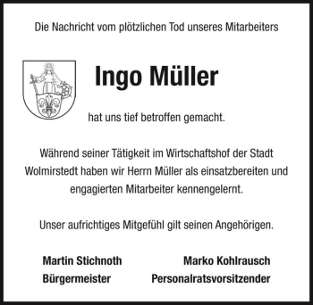 Traueranzeige von Ingo Müller  von Magdeburger Volksstimme