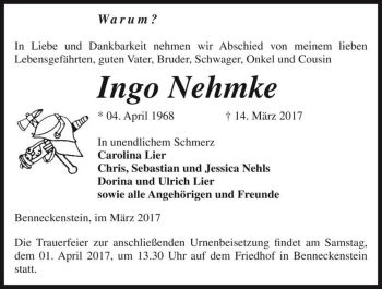 Traueranzeige von Ingo Nehmke  von Magdeburger Volksstimme