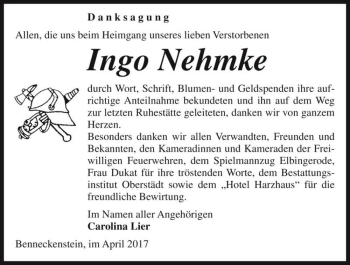 Traueranzeige von Ingo Nehmke  von Magdeburger Volksstimme