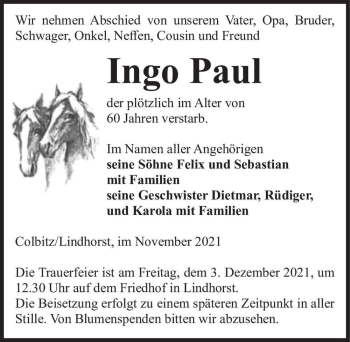 Traueranzeige von Ingo Paul  von Magdeburger Volksstimme