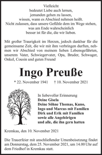 Traueranzeige von Ingo Preuße  von Magdeburger Volksstimme