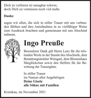 Traueranzeige von Ingo Preuße  von Magdeburger Volksstimme