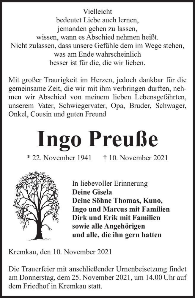  Traueranzeige für Ingo Preuße  vom 13.11.2021 aus Magdeburger Volksstimme