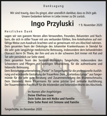Traueranzeige von Ingo Przyluski  von Magdeburger Volksstimme