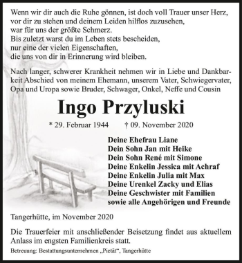 Traueranzeige von Ingo Przyluski  von Magdeburger Volksstimme