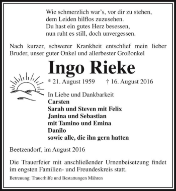 Traueranzeige von Ingo Rieke  von Magdeburger Volksstimme