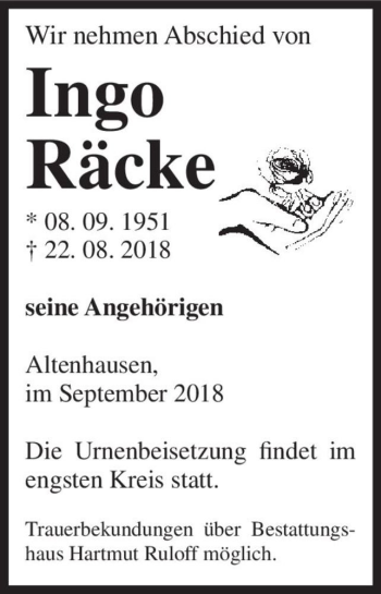 Traueranzeige von Ingo Räcke  von Magdeburger Volksstimme