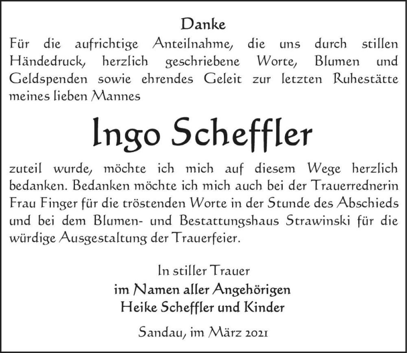  Traueranzeige für Ingo Scheffler  vom 27.03.2021 aus Magdeburger Volksstimme