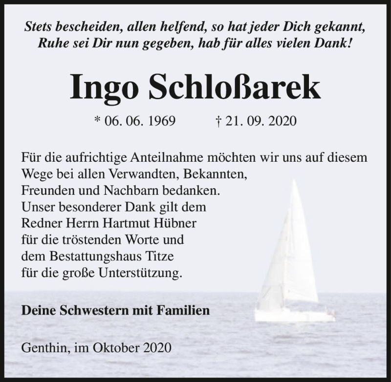  Traueranzeige für Ingo Schloßarek  vom 17.10.2020 aus Magdeburger Volksstimme