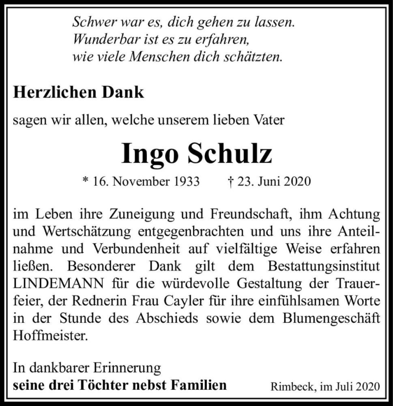  Traueranzeige für Ingo Schulz  vom 11.07.2020 aus Magdeburger Volksstimme