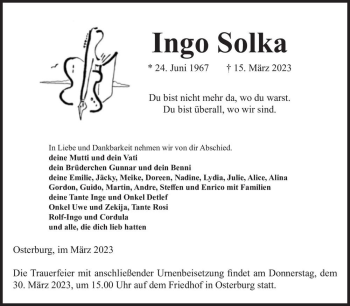 Traueranzeige von Ingo Solka  von Magdeburger Volksstimme