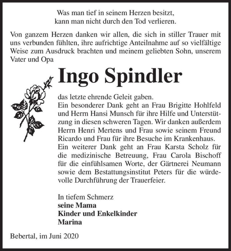  Traueranzeige für Ingo Spindler  vom 04.06.2020 aus Magdeburger Volksstimme