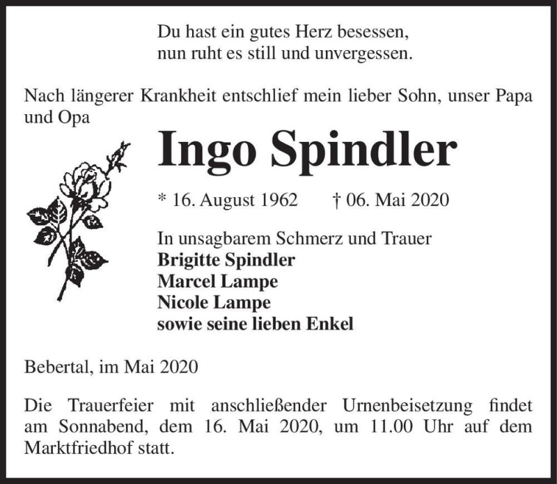  Traueranzeige für Ingo Spindler  vom 08.05.2020 aus Magdeburger Volksstimme