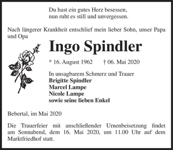 Traueranzeige von Ingo Spindler  von Magdeburger Volksstimme
