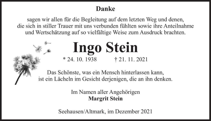  Traueranzeige für Ingo Stein  vom 18.12.2021 aus Magdeburger Volksstimme