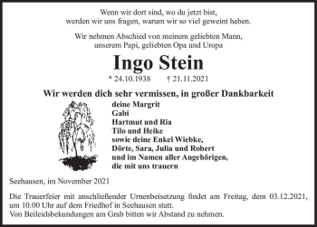 Traueranzeige von Ingo Stein  von Magdeburger Volksstimme