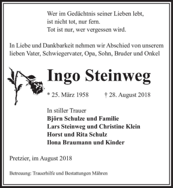 Traueranzeige von Ingo Steinweg  von Magdeburger Volksstimme