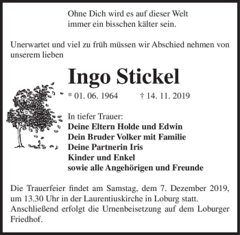 Traueranzeige von Ingo Stickel  von Magdeburger Volksstimme