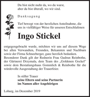 Traueranzeige von Ingo Stickel  von Magdeburger Volksstimme