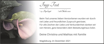 Traueranzeige von Ingo Tost  von Magdeburger Volksstimme
