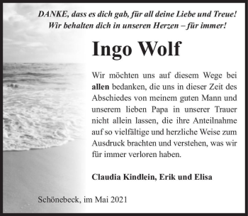 Traueranzeige von Ingo Wolf  von Magdeburger Volksstimme